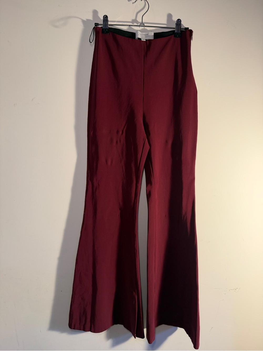 La Ligne Polly Pant Burgundy Flare Wide Leg High Rise Side Velvet Stripe Small